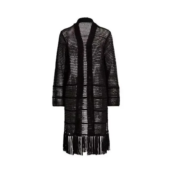 New RALPH LAUREN Women's Open Knit Linen Blend Cardigan  $245 Fringe Black Mediu - Picture 5 of 6